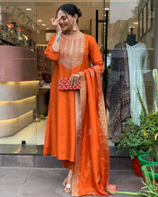 Load image into Gallery viewer, Saffron Orange Rayon Kameez - 3 piece suit set: REF 1981
