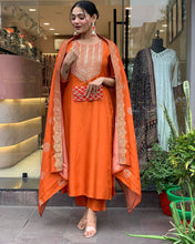 Load image into Gallery viewer, Saffron Orange Rayon Kameez - 3 piece suit set: REF 1981
