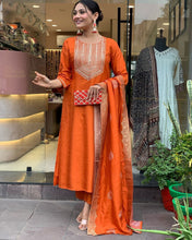 Load image into Gallery viewer, Saffron Orange Rayon Kameez - 3 piece suit set: REF 1981
