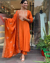 Load image into Gallery viewer, Saffron Orange Rayon Kameez - 3 piece suit set: REF 1981
