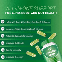Load image into Gallery viewer, Pure Moringa Powder Capsules Of Nutrient-Rich Moringa - Natural Antioxidant Superfood - Promotes Energy, Skin Health, Gut Well-Being - With Essential Vitamins &amp; Amino Acids 60 Count
