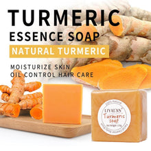 Load image into Gallery viewer, Turmeric Soap Face Cleansing Anti Acne Skin Brighten Remove Pimples Dark Spot Lightening Handmade Ginger Essential Oil Body Bath
