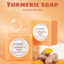 Load image into Gallery viewer, Turmeric Soap Face Cleansing Anti Acne Skin Brighten Remove Pimples Dark Spot Lightening Handmade Ginger Essential Oil Body Bath
